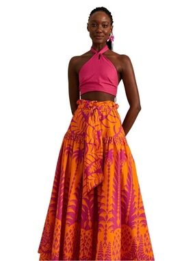 Farm Rio Tie Waist Pineapple Love Organic Cotton Midi Skirt Orange Pink XS NWT